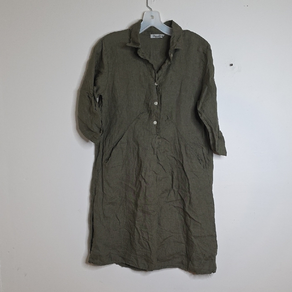Elena Baldi Olive Linen Dress Xsmall